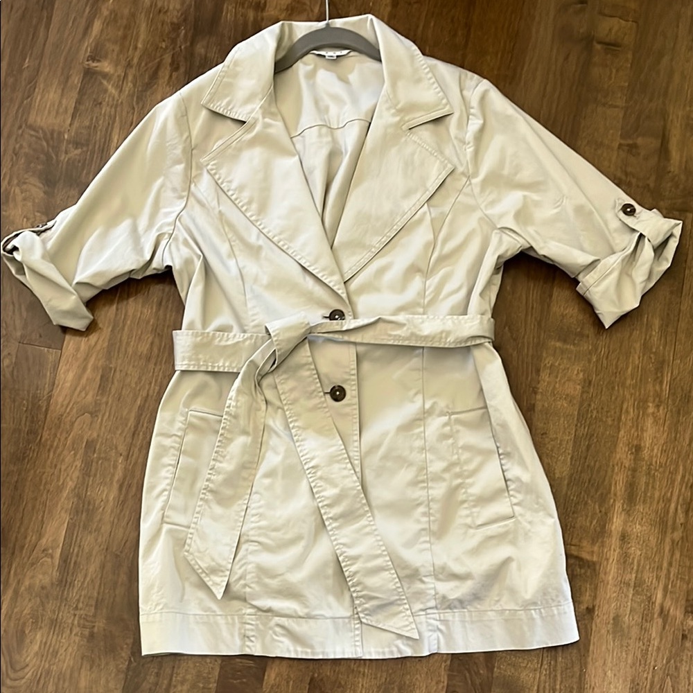 CAbi Tan Trench Coat with Rolled Sleeves and Belted Waist